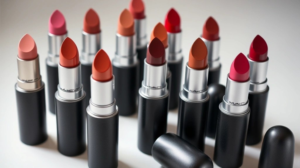 MAC lipstick collection displaying multiple shade ranges from nude to deep burgundy, arranged artistically with professional lighting, no product labels visible