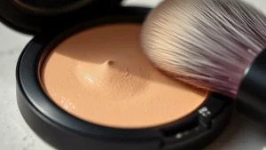 Close-up of finely-milled MAC pressed powder compact showing texture and subtle shimmer, with fluffy makeup brush bristles touching the surface, professional cosmetics photography with soft natural lighting