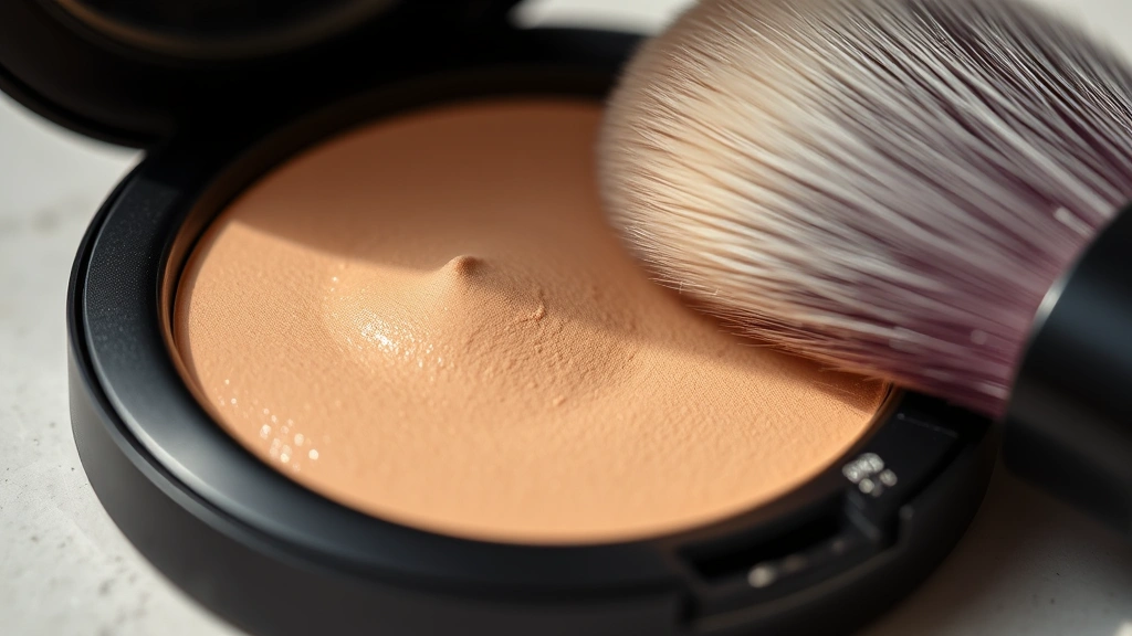 Close-up of finely-milled MAC pressed powder compact showing texture and subtle shimmer, with fluffy makeup brush bristles touching the surface, professional cosmetics photography with soft natural lighting