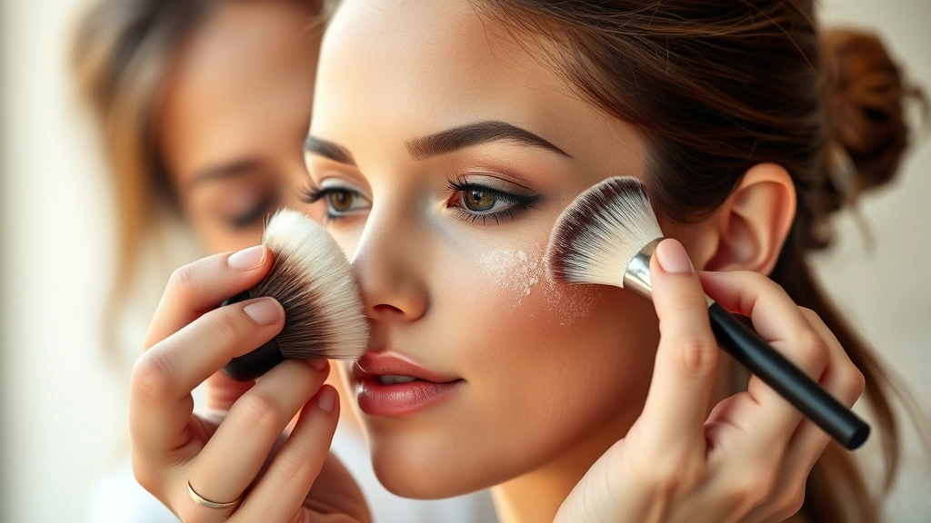 Professional makeup artist applying MAC pressed powder to model's face using stippling technique with fluffy brush, demonstrating seamless blending on medium skin tone, natural daylight setting