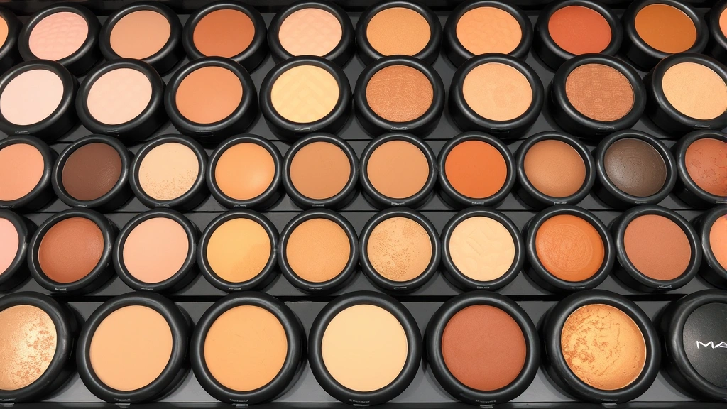Array of MAC pressed powder shades displayed showing NC and NW undertone range from fair to deep skin tones, arranged in organized rows with visible color gradation and luminous finish