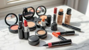 Close-up of empty MAC cosmetic containers including lipstick tubes, eyeshadow compacts, foundation bottles and mascara tubes arranged neatly on white marble surface with natural window lighting