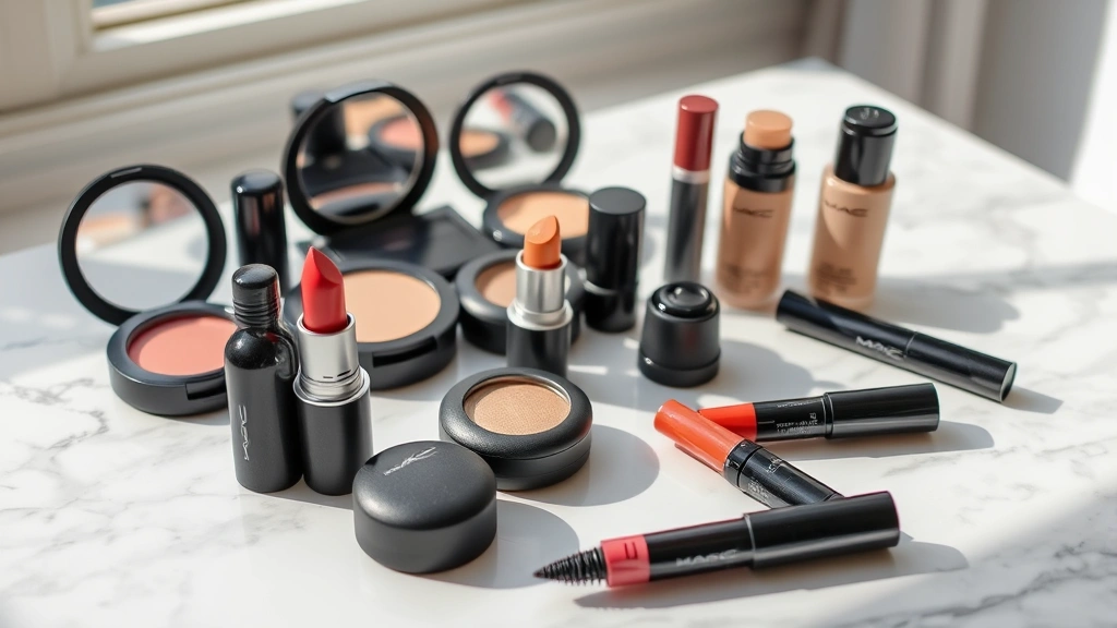 Close-up of empty MAC cosmetic containers including lipstick tubes, eyeshadow compacts, foundation bottles and mascara tubes arranged neatly on white marble surface with natural window lighting