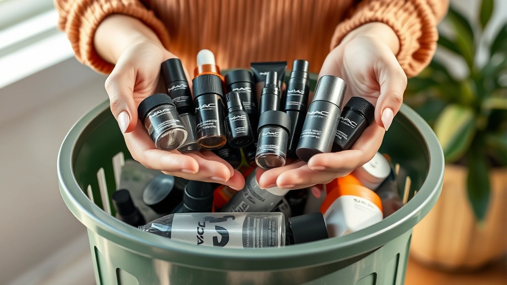 Woman's hands holding collection of empty MAC product containers over a sustainable recycling bin, showing diverse packaging types including glass, plastic and metal in bright natural light