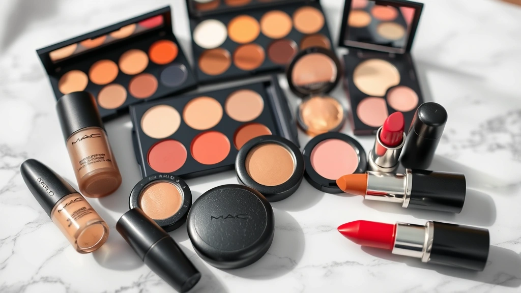Close-up of MAC makeup products including foundation, eyeshadow palettes, and lipsticks arranged neatly on a white marble surface with soft natural lighting, showcasing product quality and variety