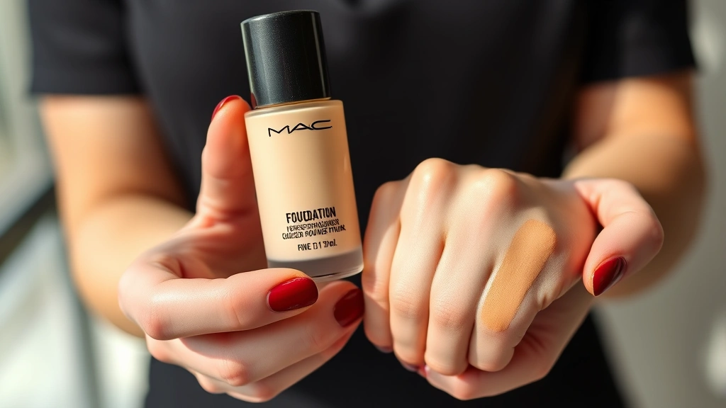 Professional makeup artist's hands holding a MAC foundation bottle and shade swatch on different skin tones, demonstrating color matching and product testing in natural daylight