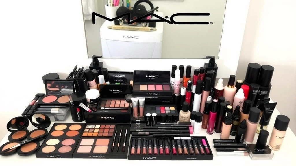 Organized MAC cosmetics collection displaying various product categories - compacts, tubes, and bottles - arranged by color family on a clean vanity with a mirror, representing curated beauty purchases