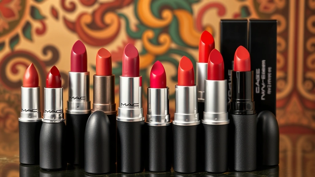 Arranged MAC lipstick collection in multiple finishes and warm-toned shades, glossy and matte textures visible, luxury packaging displayed, Middle Eastern aesthetic background