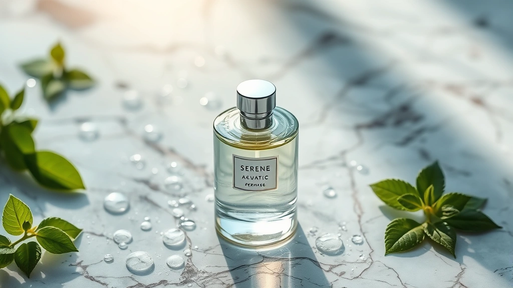 Serene aquatic fragrance bottle on marble with water droplets, fresh green botanical elements, and natural lighting creating luminous effect, showcasing luxury scent product aesthetics